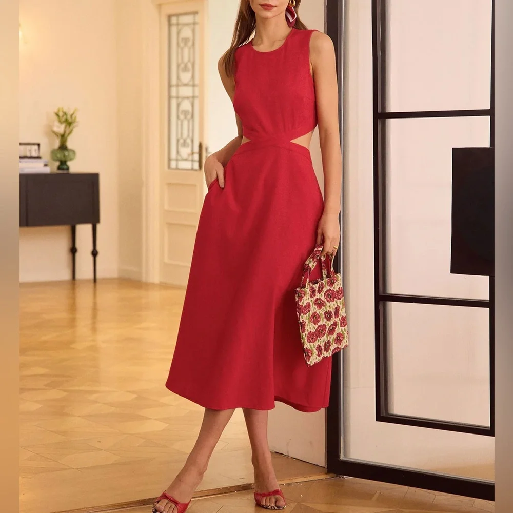 Rihoas Red Round Neck Cut-Out Midi Dress - Picture 5 of 7